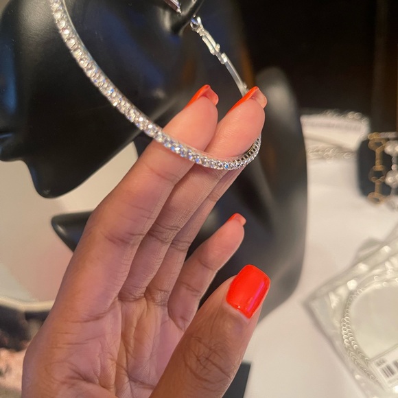 Rhinestone Silver Hoop Earrings - Picture 4 of 7